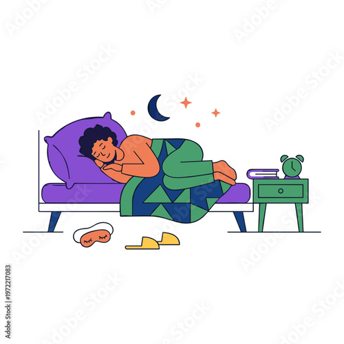A woman sleeps peacefully on a purple bed with a green blanket, surrounded by a nightstand, books, and slippers under a starry night sky.