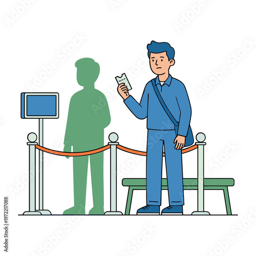 Man holds ticket standing near green silhouette at queuing area with rope barrier