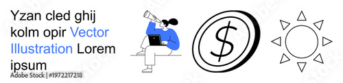 Financial growth, exploration, technology, investment, creativity, vision. Individual using a telescope, dollar sign sun symbol and dummy text. Financial growth and exploration concept