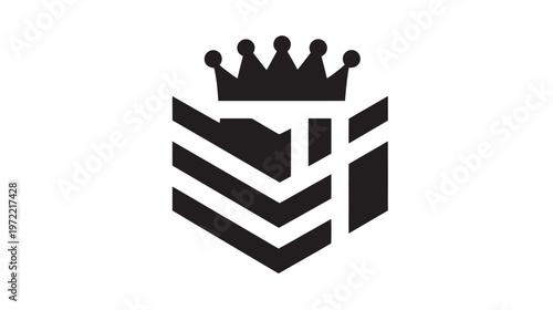A regal symbol featuring a stylized crown atop a shield-like geometric shape