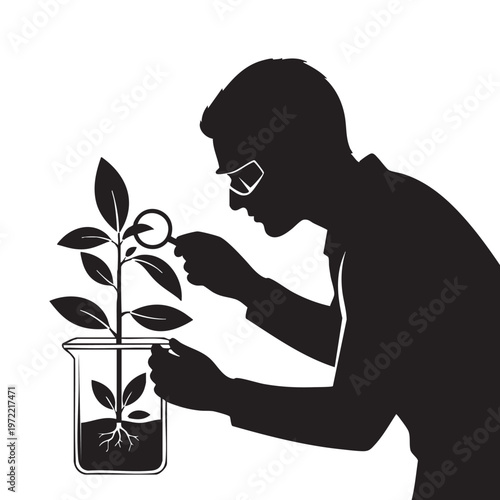 Silhouette male scientist in lab coat and glasses looking at plant with magnifying glass in beaker researcher studying botany and plant science