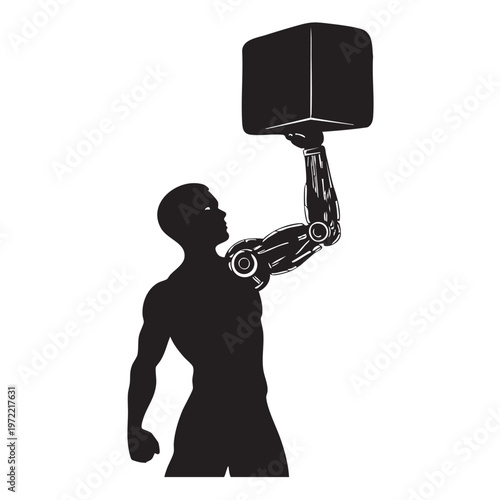 a_man_holding_a_robot_with_a_block_traced