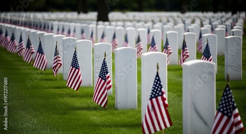 Solemn memorial day remembrance rows of white headstones adorned with american flags at arlington national cemetery