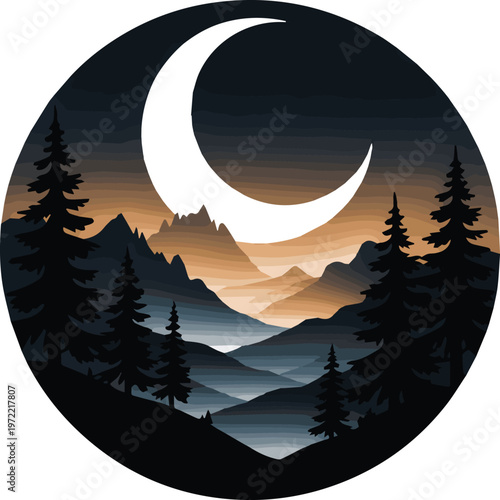 Crescent moon shining over silhouetted pine trees and a calm lake at dusk silhouettes