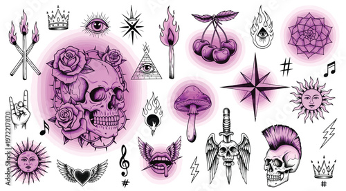 Set of various gothic and rock style tattoo elements, skull with roses, sun, moon, mushroom, dagger and wings