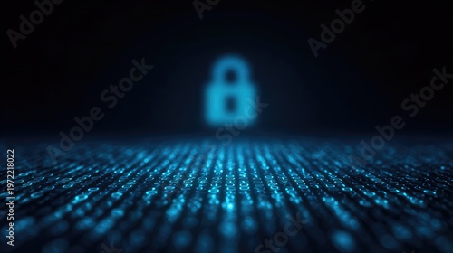 Digital Lock Icon with Blue Binary Code Background Representing Security and Data Protection in Cyber Environment