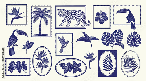 Set of tropical illustrations with exotic plants, flowers, leopard, toucan and hummingbird in blue ink style