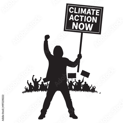 Climate Action Now Protest Silhouette Crowd Activist Group Holding Banner Rally for Environmental Protection