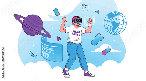 Person wearing vr headset exploring metaverse virtual reality world with planet and globe elements