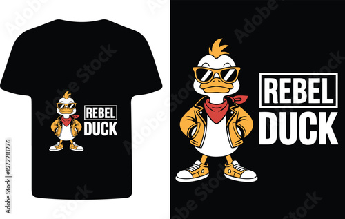 Cool duck wearing sunglasses and a jacket displayed on a t shirt