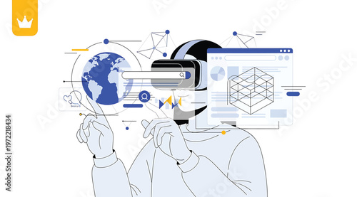 Virtual reality technology concept with a person wearing a vr headset interacting with a digital interface, global network, and 3d wireframe models
