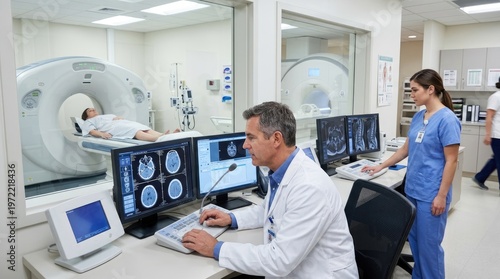 A radiologist analyzes a CT scan image at a hospital. The doctor sits at a workstation, reviewing the scan on multiple monitors.