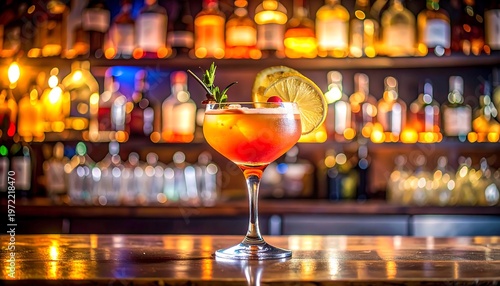 Brightly lit cocktail on a bar top, with blurred shelves of bottles in the background