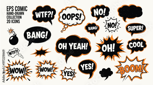 Set of comic speech bubbles with handdrawn text effects, vector illustration of various cartoon expression clouds