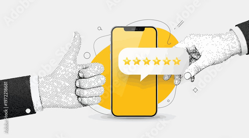 Smartphone with five star rating and thumbs up gesture, customer feedback concept