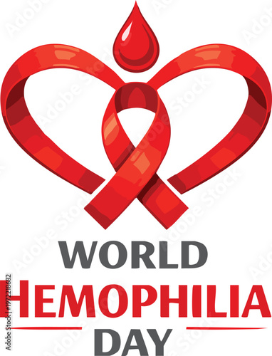 World hemophilia day design with a red awareness ribbon shaped like a heart and a blood drop symbol
