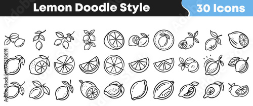 A collection of 30 hand-drawn lemon doodle style icons perfect for fresh food branding, healthy living illustrations, and summer design projects.