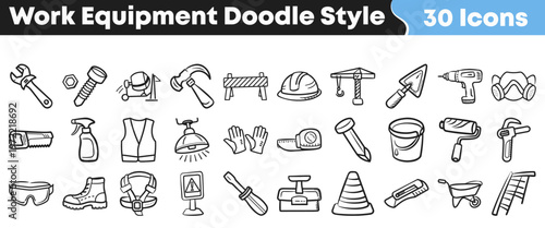 Set of hand drawn construction work equipment icons featuring various tools and safety gear for building and renovation projects