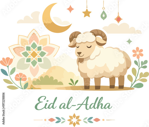 Eid aladha greeting card design with a cute cartoon ram, crescent moon, and decorative floral elements, festive islamic holiday illustration