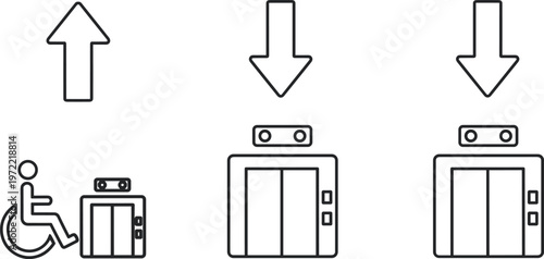 Elevator icon set with arrows, doors, and accessibility symbol, perfect for signage, user interface design, building navigation, and architectural safety projects