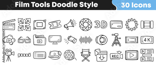 Set of thirty hand drawn doodle style film production equipment icons featuring cameras speakers lights and various cinema related items