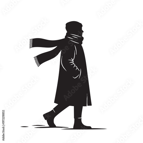 Man walking in winter coat and scarf side profile view cold weather attire fashion outerwear chilly season clothing silhouette