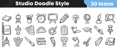 A comprehensive collection of hand-drawn studio, art, and education-themed doodle icons perfect for creative projects, school designs, and learning materials.