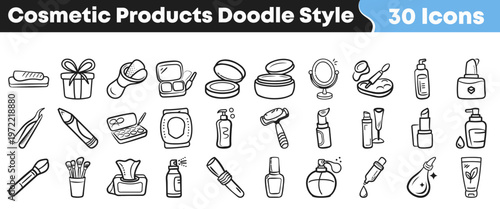 Collection of hand drawn cosmetic product icons illustrated in a simple doodle style for various beauty and skincare design projects