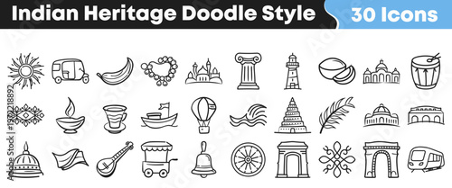 This collection features charming doodle style icons representing diverse elements of indian heritage and culture for various creative projects.