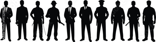 Minimalist black and white silhouette illustration of business men in suits with varied poses in horizontal lineup composition