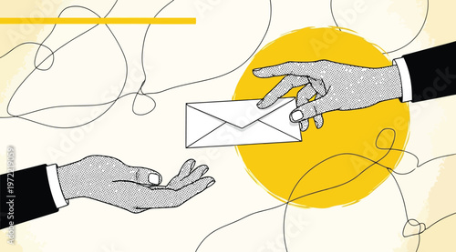 Handover of an envelope between two people, business communication concept, vector illustration