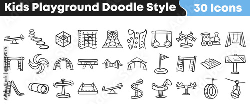 Hand drawn collection of kids playground icons featuring various recreational structures and fun outdoor play equipment in doodle style