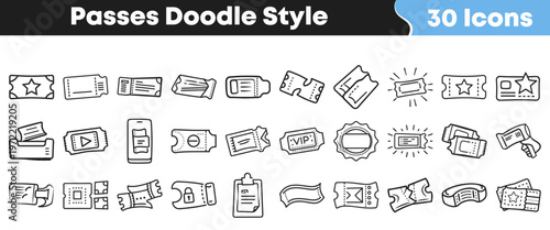 A vibrant collection of thirty hand-drawn doodle style vector icons illustrating diverse passes, tickets, and admission stubs for various events.