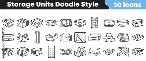 Hand drawn set of thirty doodle style storage unit icons featuring various wooden crates boxes and organized containers for logistics