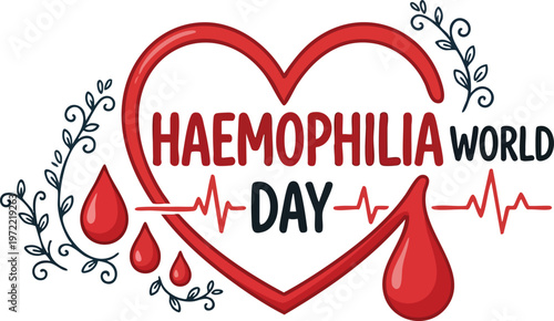 World haemophilia day typography design with red heart, blood drops and heartbeat line