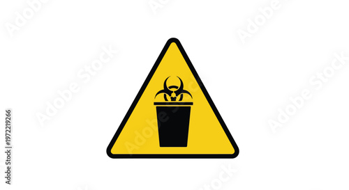 Yellow warning triangle sign with biohazard symbol inside a trash bin icon indicating hazardous waste disposal