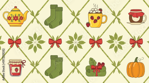 Seamless pattern with cozy autumn and winter elements like teapot, socks, hot drink, jam, and pumpkin