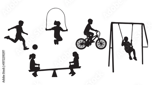 Black silhouettes of kids playing, playground icons, children outdoor activities, recreational vector set