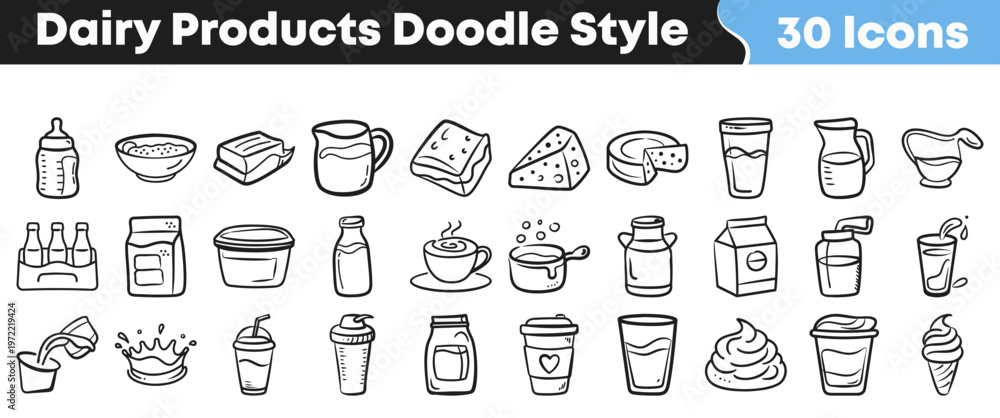 Naklejka premium A comprehensive collection of hand-drawn doodle style icons representing various dairy products, perfect for menu designs and food-related projects.