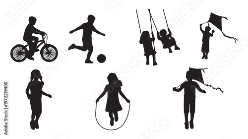 Black silhouettes, kids playing, outdoor activities, recreational icons, vector set