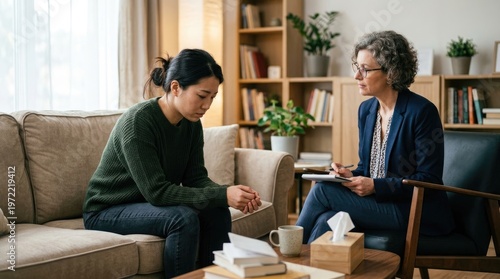 A therapist listens attentively to a young woman during a counseling session.
