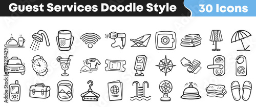 A versatile collection of thirty hand-drawn doodle style guest services icons for hotel amenities, travel, and hospitality design projects.