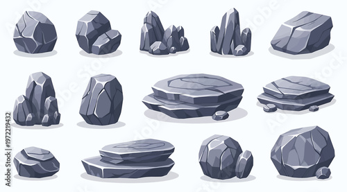 Set of cartoon stones and rocks of various shapes and sizes