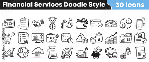 This extensive collection features thirty hand-drawn financial services icons in a charming doodle style, ideal for modern banking, investment, and economic illustrations.