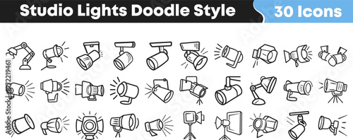 Hand drawn collection of various studio lighting equipment icons arranged in a clean set for professional creative media design projects