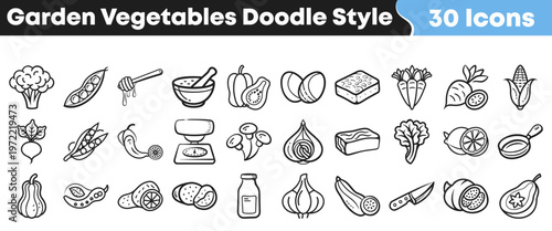 Various hand drawn garden vegetables icons designed in a cute doodle style for organic food projects and healthy recipe illustrations
