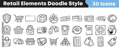A collection of hand-drawn retail and shopping elements in a charming doodle style, perfect for e-commerce and marketing designs.
