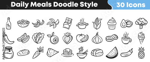 Thirty hand-drawn doodle style icons showcase a diverse range of daily meals, fresh ingredients, and popular food items for various design projects.