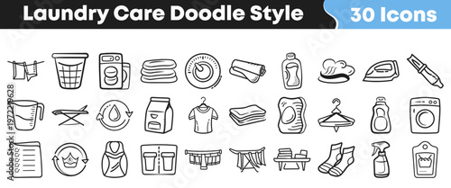 Hand drawn laundry care icons collection featuring household chores items for clothing maintenance displayed in a simple doodle art style