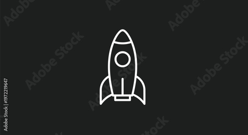 Simple white line art illustration of a rocket ship on dark background.